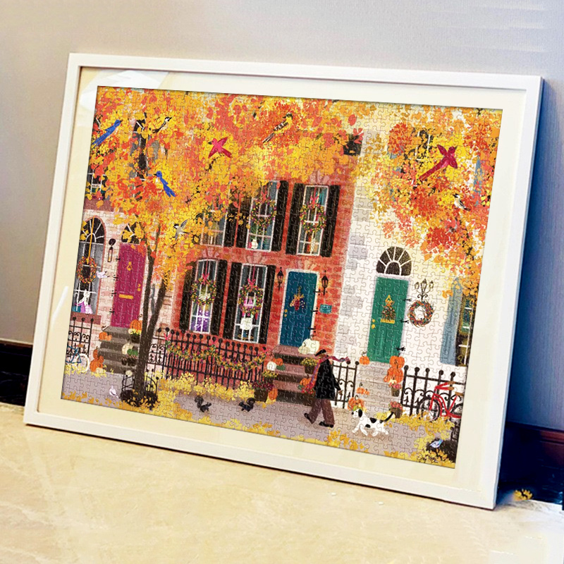 Autumn Neighborhood Street Puzzle Photo Frame City Lights Aluminum Alloy Solid Wood 1000 Pieces 50.8*68.6 Framed
