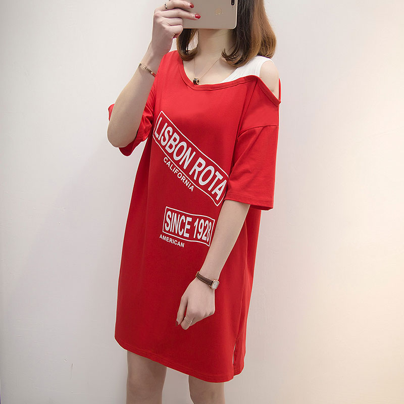 Treasure Mother Dress 2019 New Tide T-shirt Woman Short Sleeve Loose large size Shoulders Han Van Drain Shoulder-to-shoulder clothes