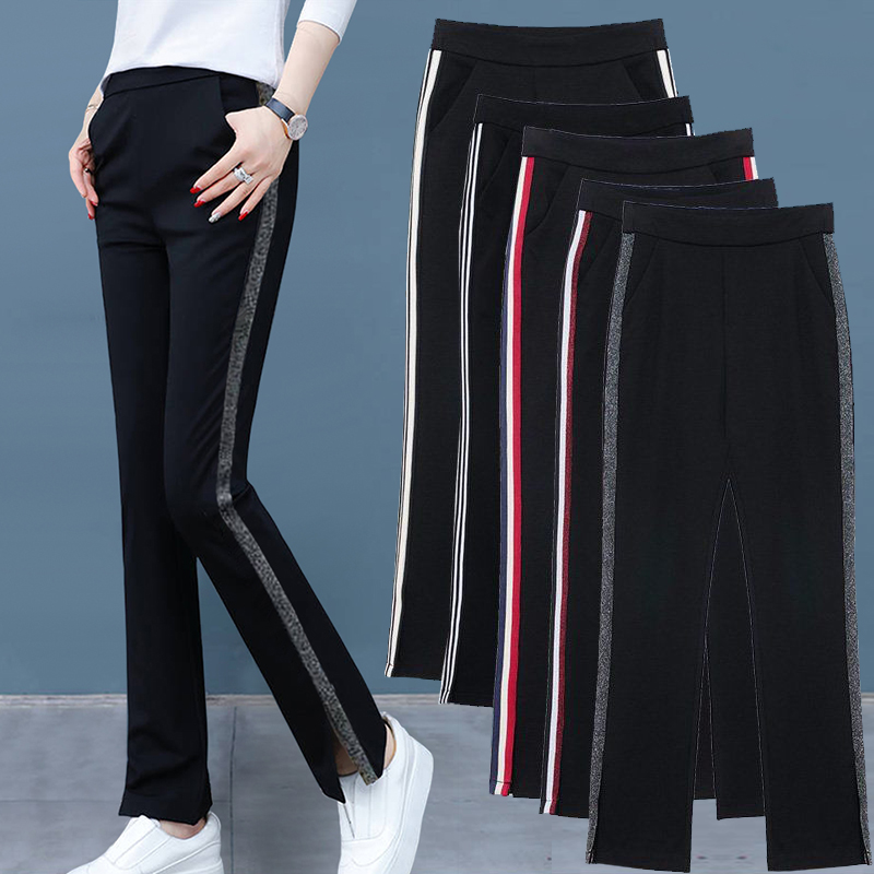 2022 new trendy casual sports pants women's spring and summer loose slit webbing elastic waist OL nine-point pants wide-leg pants