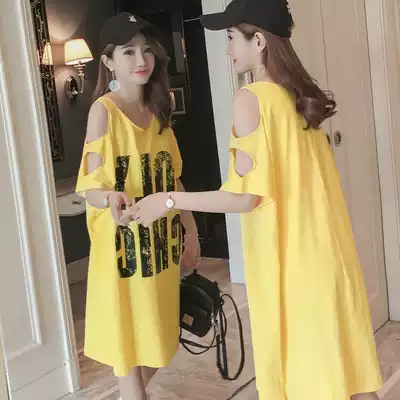 Strapless long T2019 new fat MM loose T-shirt women's loose shoulder fashion short-sleeved summer medium and long casual top