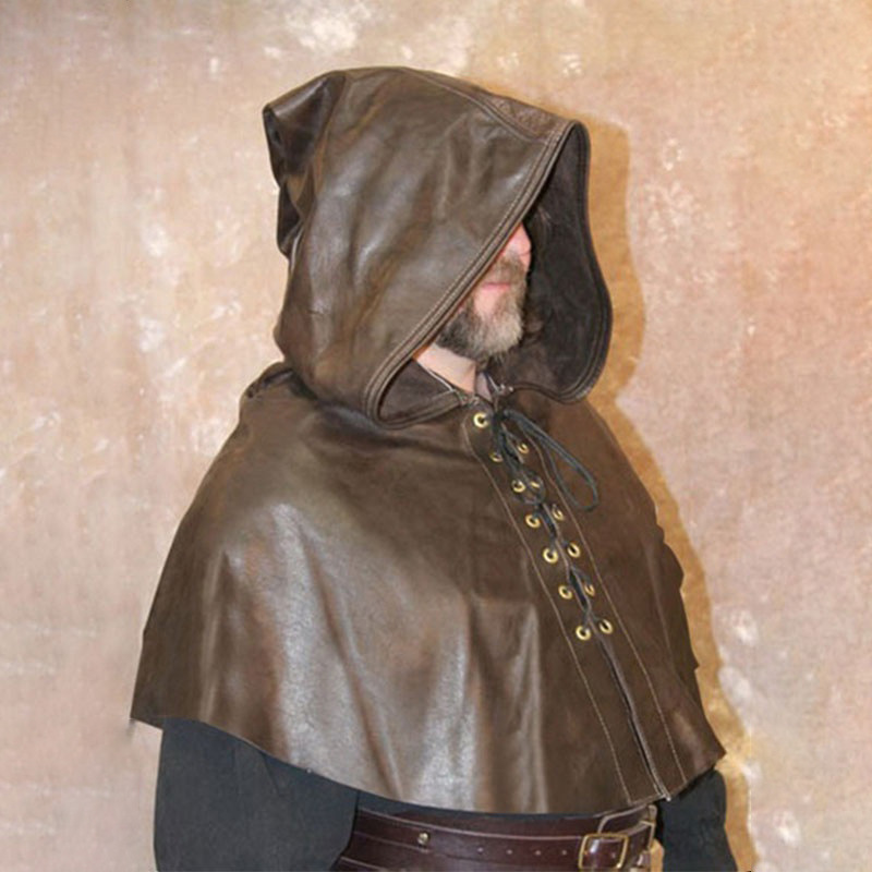 European and American Medieval Renaissance Men's Pu Leather Hat Hunter Hooded Shawl Retro Cloak Hat Wizard Hat.