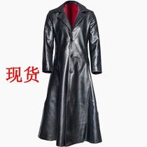 European and American foreign trade exploits pure color flip-collar tight button man style PU long style leather clothes Trench coat men 