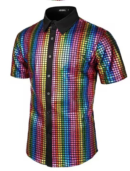 Formal Shirt Sequin Button-Down Shirt 70S Disco Party Cosplay Costume Sequin Shirt