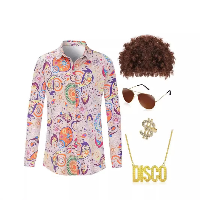 Hot Selling Halloween Hippie Men's 70S Disco Costume Retro Floral Shirt Disco Shirt
