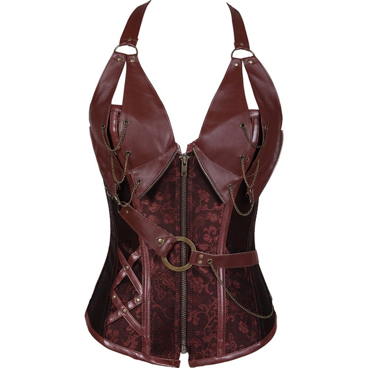 New European and American Palace Outfit Brown 14 Steel Bone Punk Leather Corset with Belt Halter Neck Shapewear for Women New European and American Palace Outfit Brown 14 Steel Bone Punk Leather Corset with Belt Halter Neck Shapewear for Women