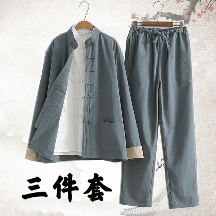 Chinese style Tang costume men's cotton linen three-piece set Chinese standing collar Zhongshan Han costume resident meditation tea dress spring and autumn set
