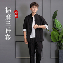 Summer slim fit Tang Fitted Linen Short Sleeve Suit Chinese Hanfu Casual Mens Cotton Linen Three Sets Zen of Chinese Wind