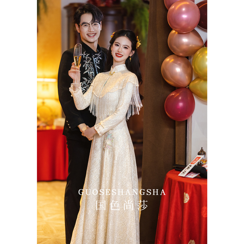 New Chinese-Style Shawl Cheongsam Toast Dress 2026 New Champagne Color Engagement Dress Sleeveless Bride Wedding Homecoming Dress New Chinese-Style Shawl Cheongsam Toast Dress 2026 New Champagne Color Engagement Dress Sleeveless Bride Wedding Homecoming Dress