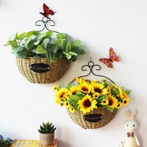 Wall weaving flower pots green lotus home decoration simulation flowers and grass woven wrought iron rattan flower basket handmade hanging basket flower arrangement hanging type