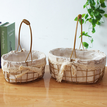 Metal wrought iron flower basket hand basket rattan woven flower arrangement basket Nordic living room ornaments weaving basket flower child flower arrangement