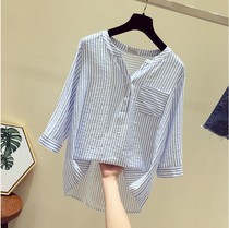 European Station Blue Striped Shirt Woman Summer Thin 2022 New easy big code long sleeve sunscreen blouses