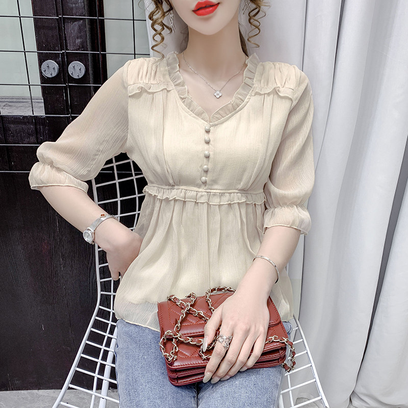 European Station Smooth Shirt Woman Summer Sleeve Sheet 2023 New Fashion Collected Yankee French Tops