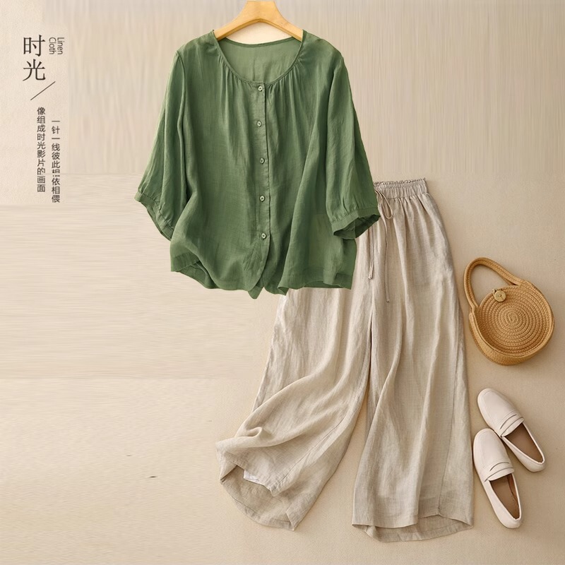 European Style Cotton and Linen Casual Sports Suit for Women 2026 New Summer Linen Chinese-Style Top and Wide-Leg Pants Two-Piece Set
