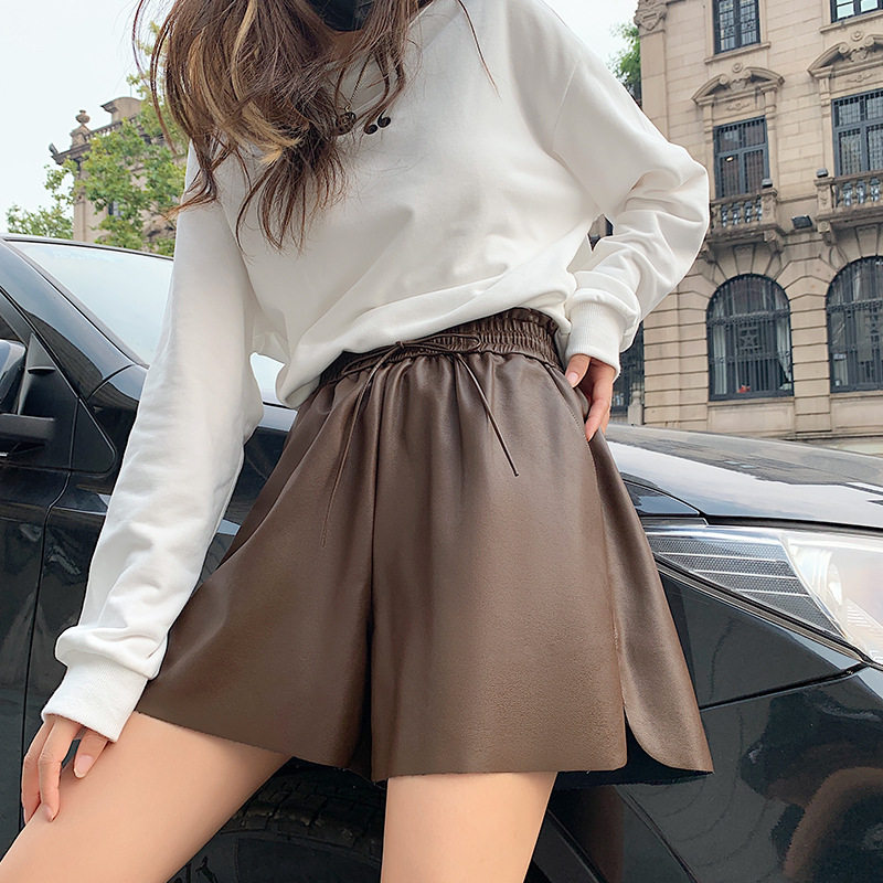 European station leather shorts women's spring autumn and winter 2022 new high-waisted small men wearing wide-leg boots and pants large size trend