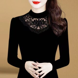 薄款/加绒2025秋冬新款蕾丝打底衫女修身显瘦衬衣大码女装上衣潮