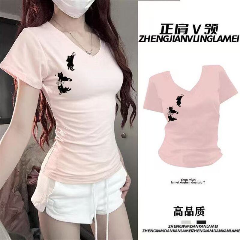 American Retro V-Neck Short-Sleeve T-Shirt for Women Dopamine Style Casual Pink Versatile Casual Top Student Fashion