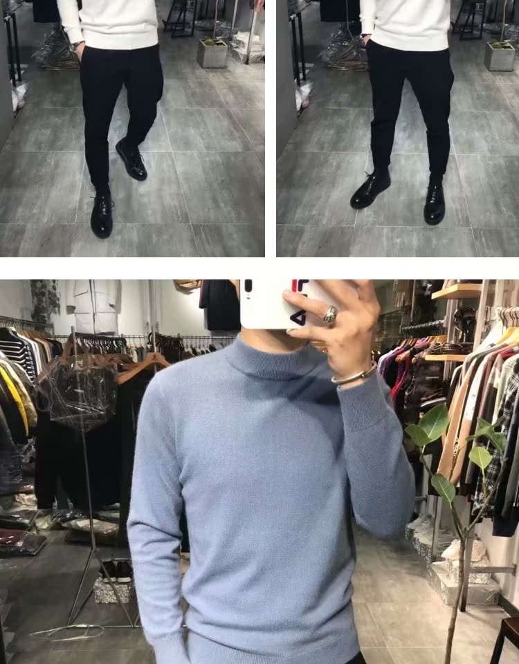 Mùa đông 2018 mới nhung đáy áo kinh doanh bình thường nam dày cashmere áo len đầu dài tay áo giữa cổ áo Slim nam - Áo len Cashmere quần jean nam ống rộng