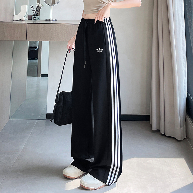 Sports Style Black Wide-Leg Sweatpants for Women, Loose Three-Stripe Casual Pants