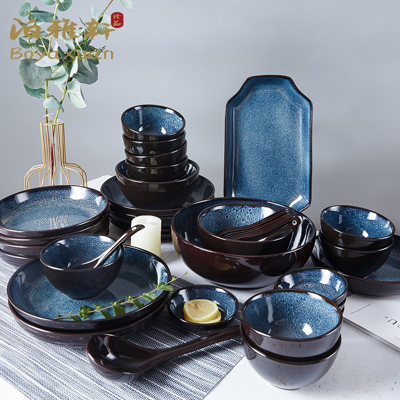 Poixuan Bowl Dish Suit Home Chinese Style Light Lavish High-end Retro Cutlery Anti-Burn Ceramic Bowl Tray Combined Gift