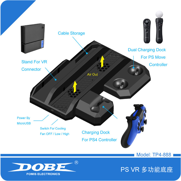PS4 VR Move Quạt đa chức năng Đế sạc khay cơ sở PS4 slim pro Host host - PS kết hợp cáp sạc 3 đầu
