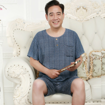 Middle-aged and elderly mens cotton silk summer large size old man cotton silk short sleeve set grandfather fathers artificial cotton home clothes