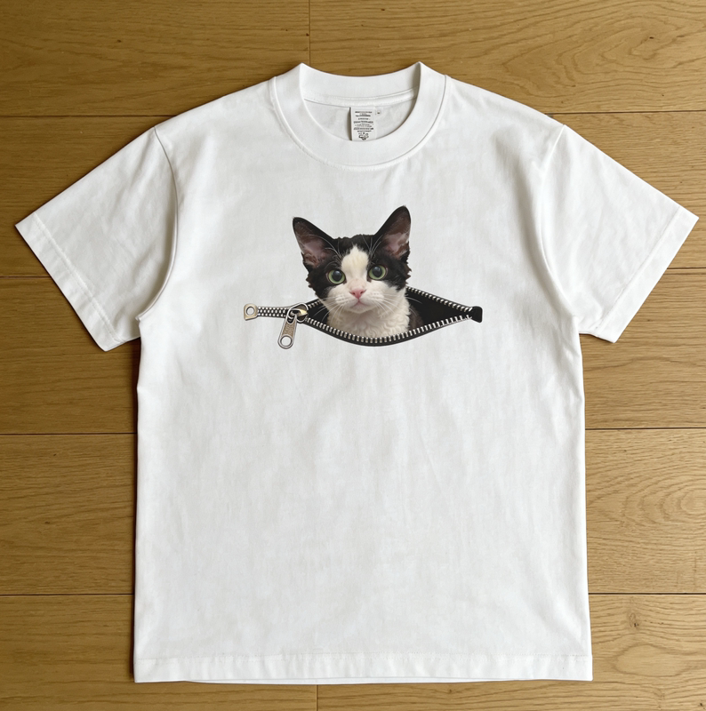 Cute Zipper Black and White Curly-Haired German Cat Print Unisex Pure Cotton Loose Short-Sleeve T-Shirt Summer Trendy Couple Cat Design