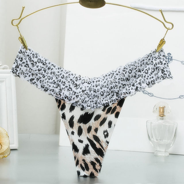 Sexy lace temptation leopard print panties women's one piece ice silk transparent thong t-pants large size