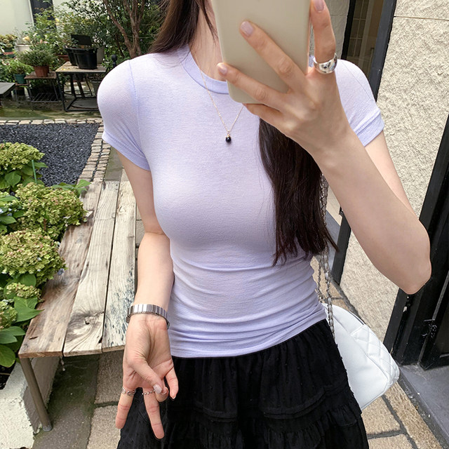 Small round neck sexy tight-fitting slimming slightly see-through short-sleeved top