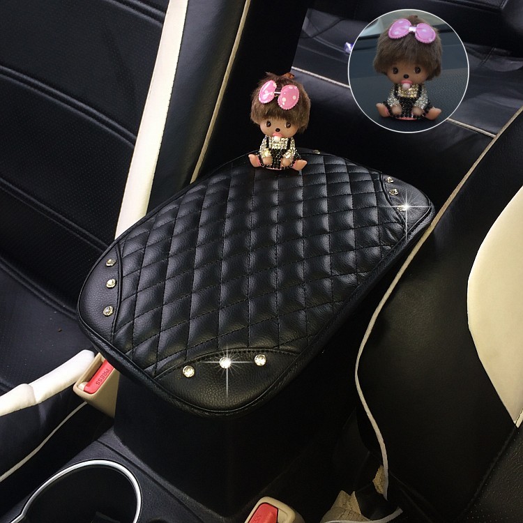 Inlaid drilling Monchic armrest pad cute water drill hand armrests Cartoon Car Interior Accessories Armrest Box Mat Lady-Taobao