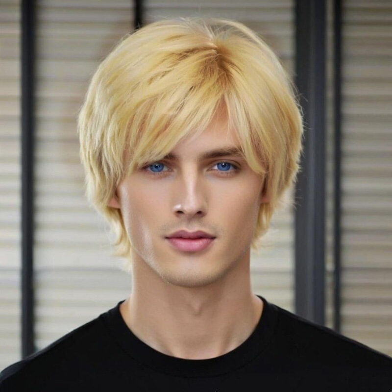 Wig for Men, Yellowish Golden Short Straight Hair, Slightly Layered, Unisex, Golden Yellow, Fluffy Full Head Wig Wig for Men, Yellowish Golden Short Straight Hair, Slightly Layered, Unisex, Golden Yellow, Fluffy Full Head Wig