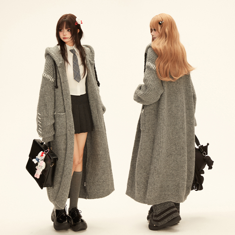 11Sh97 Gray Retro Wool Hooded Knitted Jacket, Autumn and Winter Atmosphere, Korean Style Mid-Length Cardigan Coat
