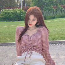  Japan SLY bubble sleeve plaid square collar shirt womens slim all-match ruffle drawstring short top summer