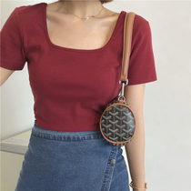 Japan SLY elastic body short sleeve t-shirt female summer design feeling square collar lock bones slim fit short