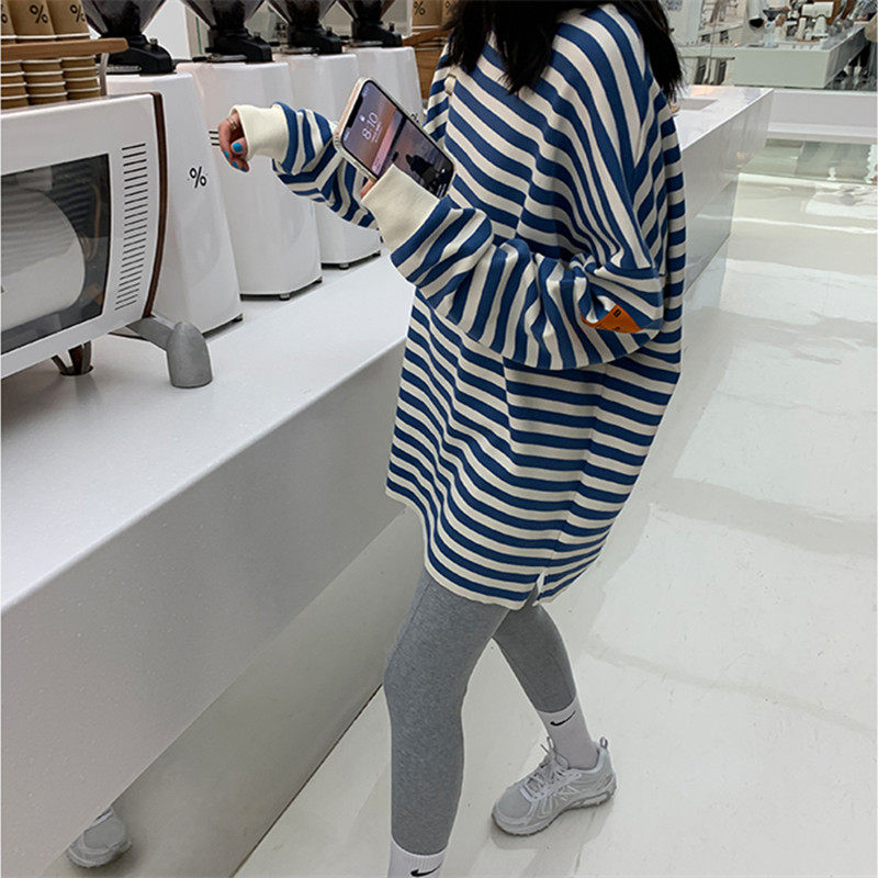Japanese striped round neck oversize sweater women's loose pullover 2022 autumn and winter new lazy wind top