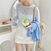 Japan SLY striped long sleeve t-shirt woman 2021 new loose color slamming bottom-shirt knit sunscreen blouse summer