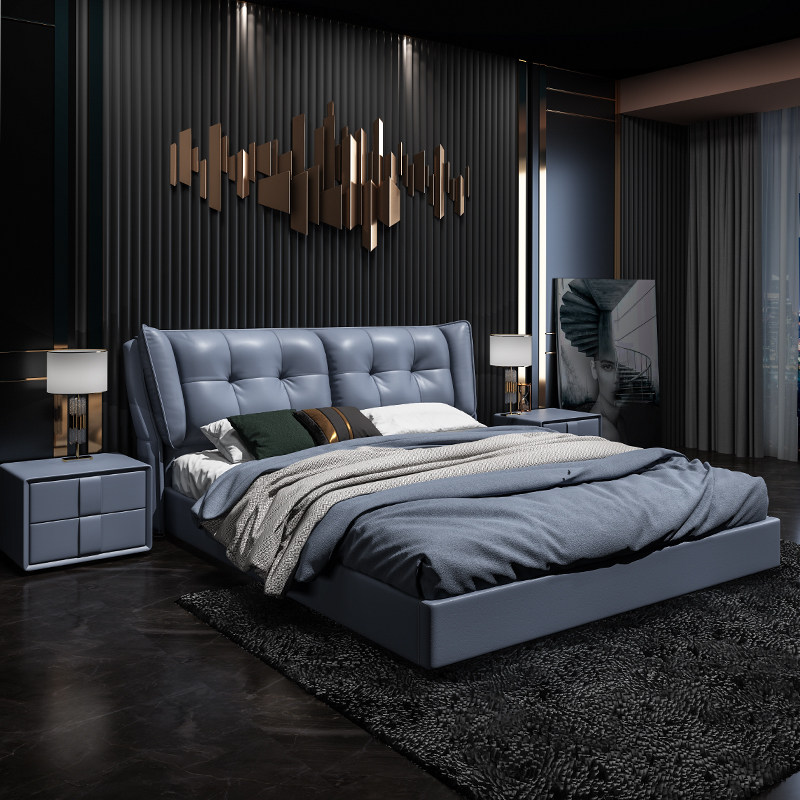 Leather bed Master bedroom large bed 1 8 meters modern simple double bed High-end soft package Nordic light luxury bed Bedroom Wedding bed
