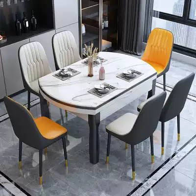 Rock plate dining table and chair combination Household small apartment solid wood telescopic round dining table Modern simple marble folding dining table