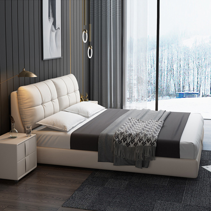 Genuine Leather Bed Willy-style Minimalist Light Lavish Bed Master Bedroom Bed Modern Minimalist Soft Bag 1 8 m Double Bed Leather Art Wedding Bed-Taobao