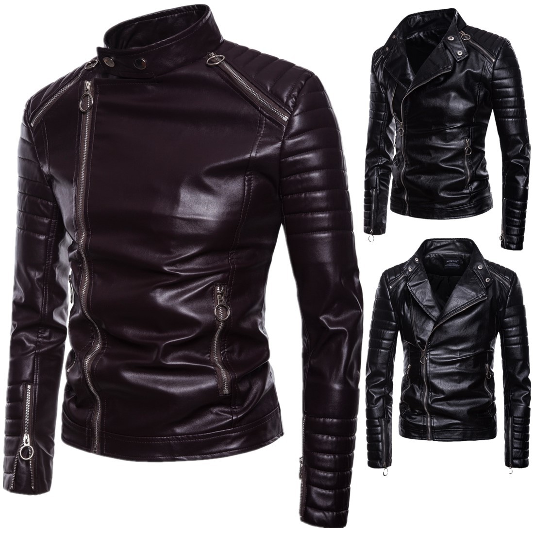 Black punk show large size genuine leather jacket youth muscular men's jacket slim fit multi-zip leather jacket