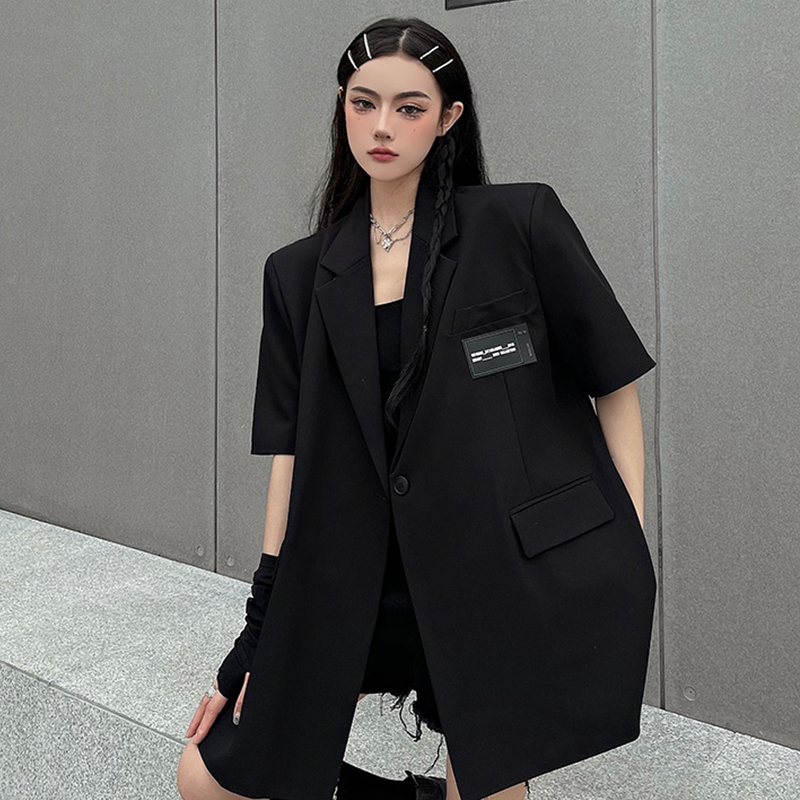 Black Cool and Stylish Short-Sleeved Blazer for Women, Summer Slimming Thin Loose-Fitting Suit Jacket