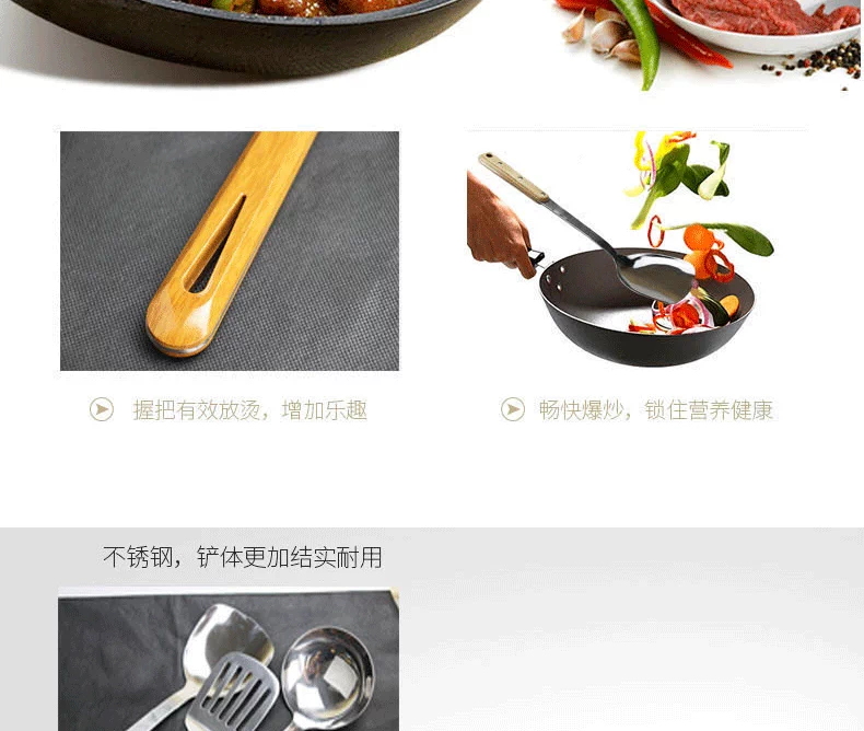 Nấu ăn xẻng thìa inox nhà bếp gia đình ba mảnh bằng gỗ xử lý muỗng súp rò rỉ xẻng một dụng cụ nhà bếp dày - Phòng bếp chảo chiên trứng