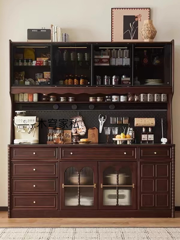 American-Style Solid Wood Sideboard Against the Wall with Integrated Pegboard, Vintage Wine Cabinet, Retro Storage, High-Capacity Storage, Coffee Machine and Bucket Cabinet