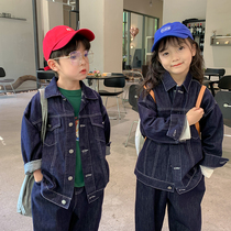 Korean version of childrens denim suit 2022 autumn new boys and girls blue casual cotton two-piece sister and brother suit