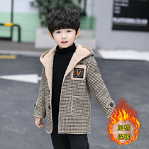 Boys tartan coat 2022 autumn and winter new style childrens clothing childrens hooded tide plus fleece coat