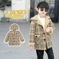 2022 childrens Chinese style woolen autumn and winter new products male baby foreign style plaid jacket Korean version plus velvet warm windbreaker