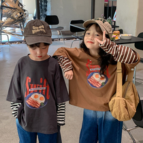 Childrens long-sleeved T-shirt 2022 autumn new boys and girls baby 5 Korean cartoon print striped all-match top
