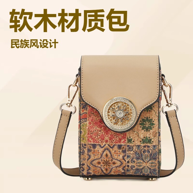 Ethnic Style Cork Multi-Element Shoulder Bag for Women, Crossbody Bag, Fortune-Telling Mobile Phone Bag, Bark Women's Bag