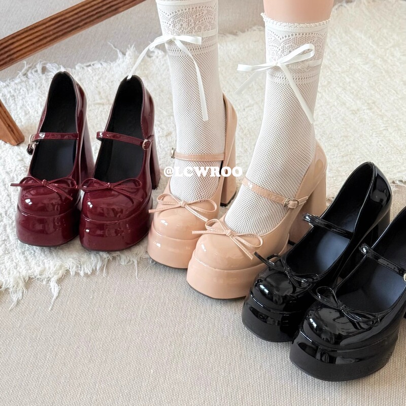 Lcwroo French-Style Waterproof Platform High Heels for Women, Chunky Heel Height-Increasing Summer Shoes to Match Skirts, Mary Jane Shoes, Thick-Soled Shallow Single Shoes