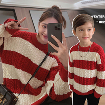 Chenchen mom parent-child clothing winter boys round neck lazy style mother and child red fashionable sweater childrens striped sweater