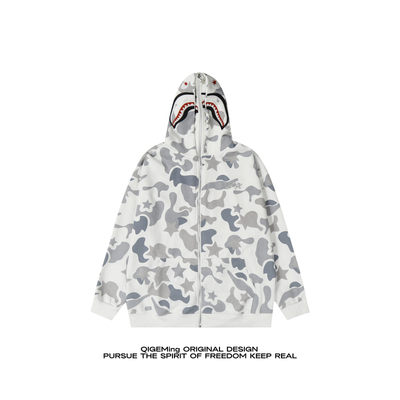 Qigeming Camouflage Shark Print Loose Cardigan Hooded Zipper Hoodie Jacket Casual Sweatshirt Unisex